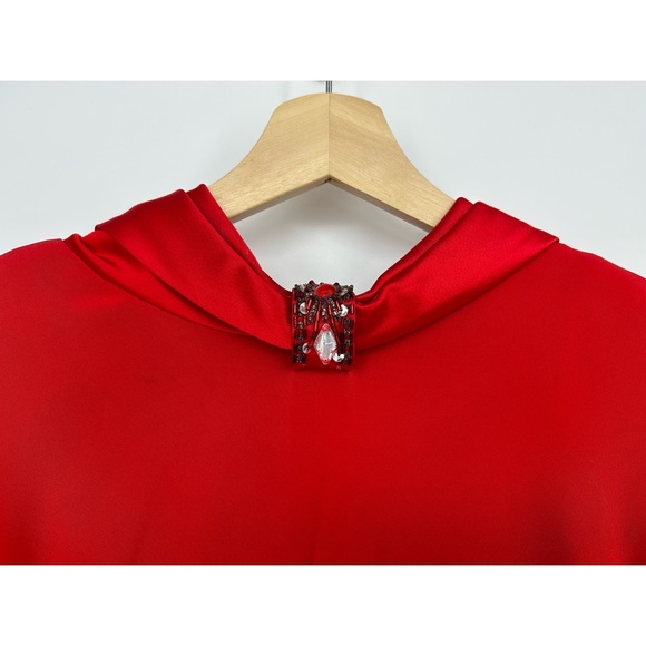 D’Ore Vintage Deep Red Cowl Neck Jewel Embellished Crepe Midi Cocktail Dress - Picture 3 of 9